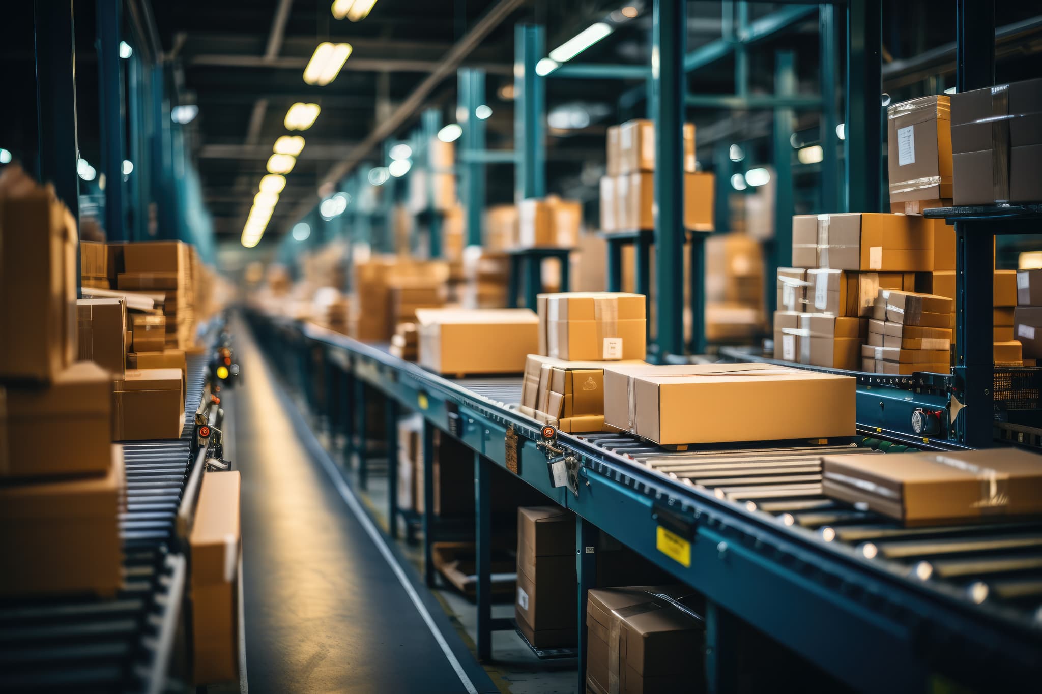 倉庫内のコンベア上を、段ボール箱が並んで流れている様子。